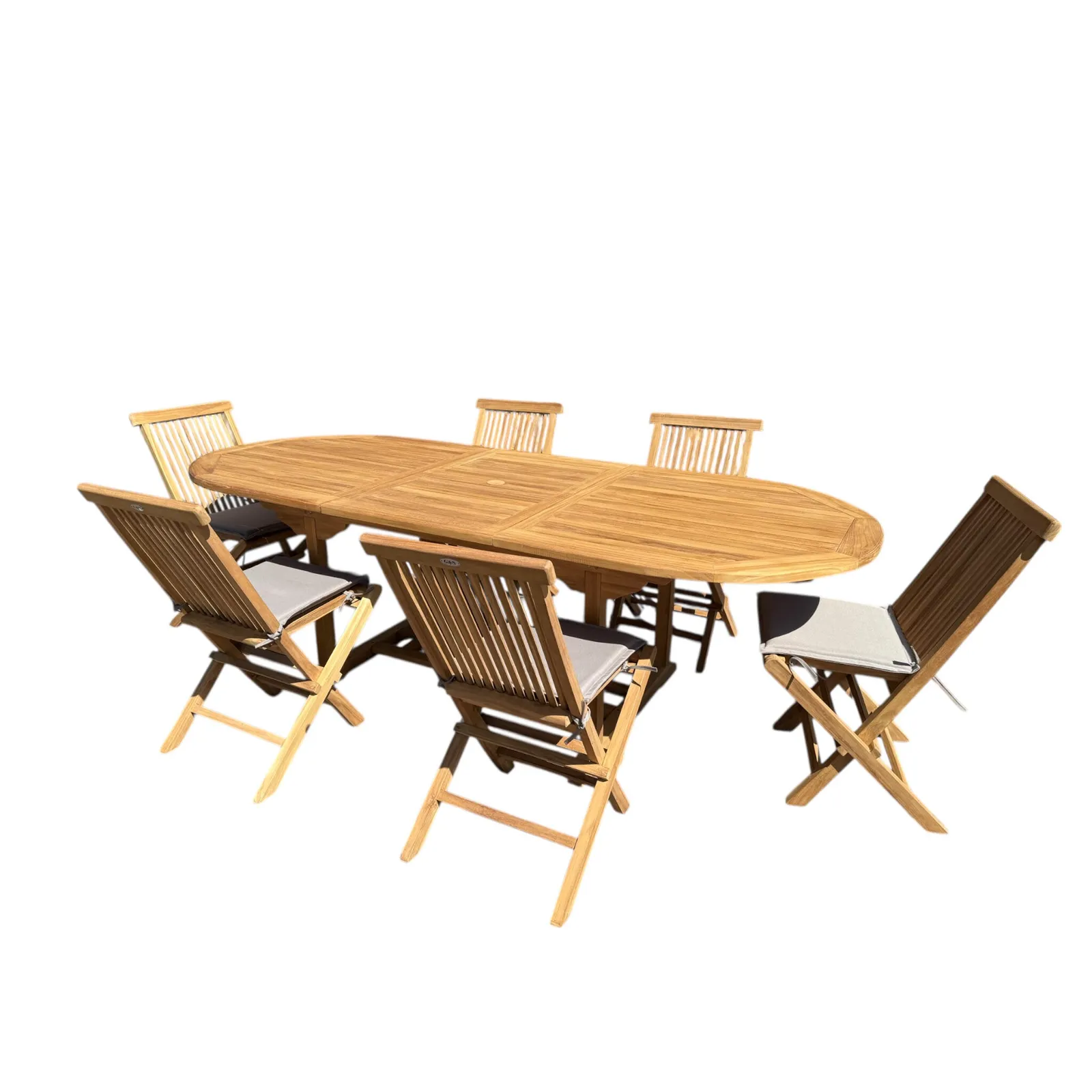 Uitschuif eettafel teak + 6 stoelen - Mokana Furniture