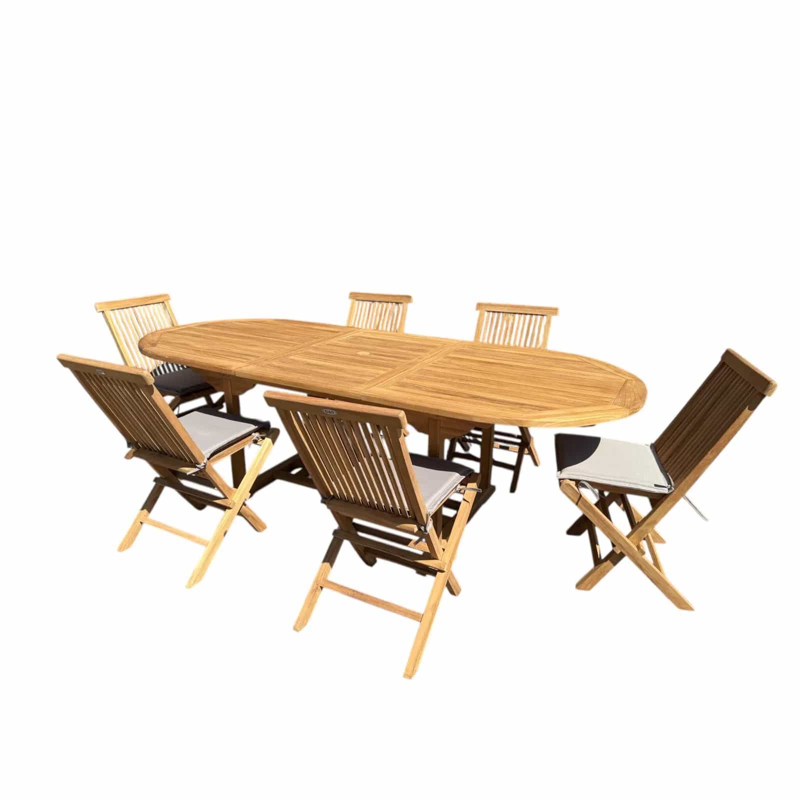 Uitschuif eettafel teak + 6 stoelen