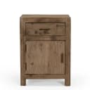 Robuuste houten nachtkastje met lade en deur, vintage design, natuurhout afwerking, perfect voor sfeervolle slaapkamers. - Benoa