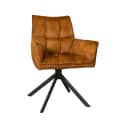 Luxe eetkamerstoel Dani Velvet in goudkleurig fluweel met armleuning en zwarte draaivoet, perfect voor een stijlvolle eetkamer of kantoorruimte. - Starfurn