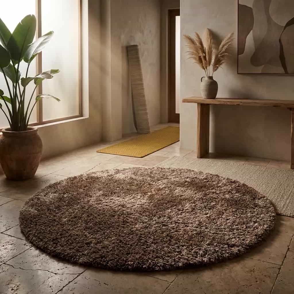 Vloerkleed Karpet Love Shaggy Licht Bruin Rond
