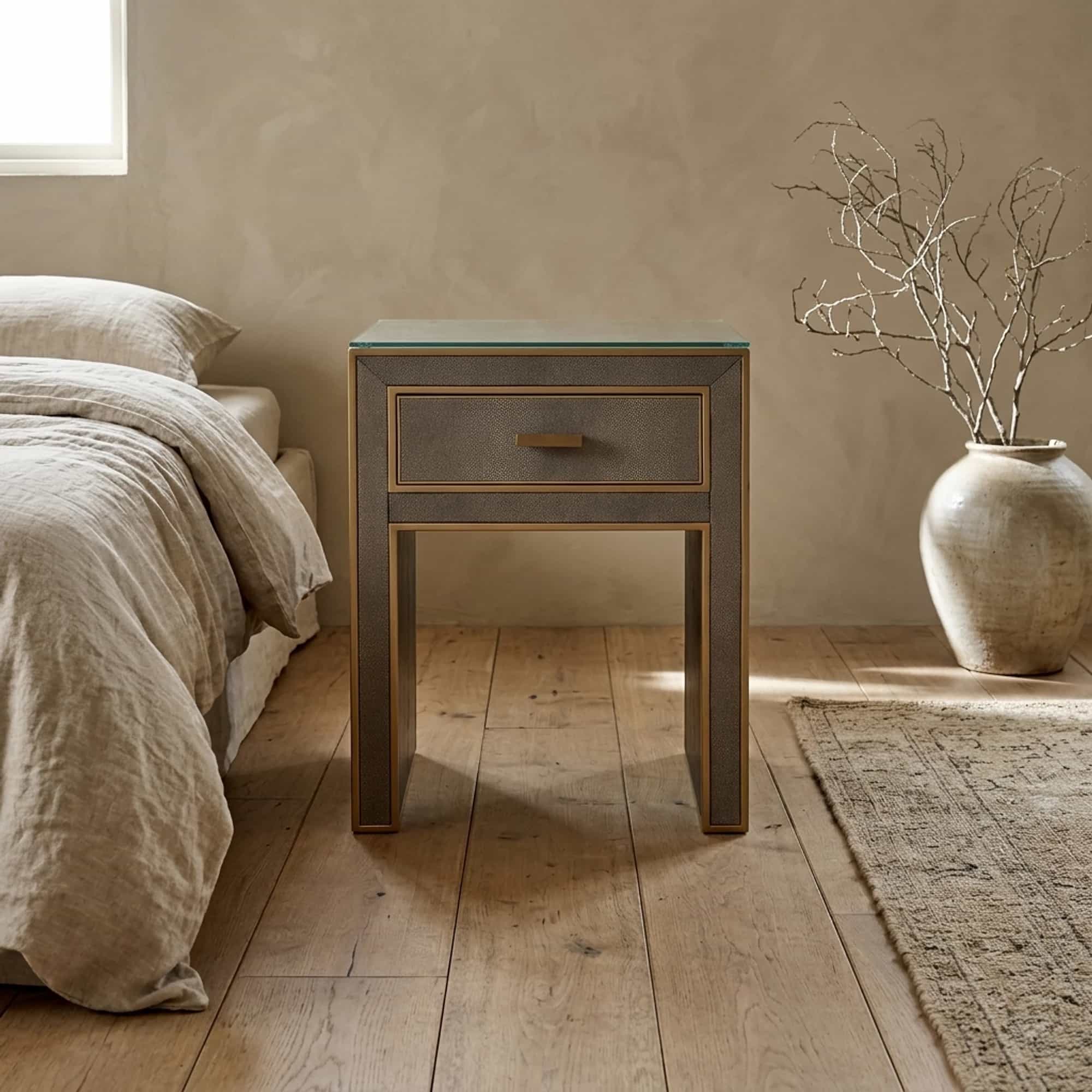 Nachtkastje Bloomville brass shagreen incl. glass top