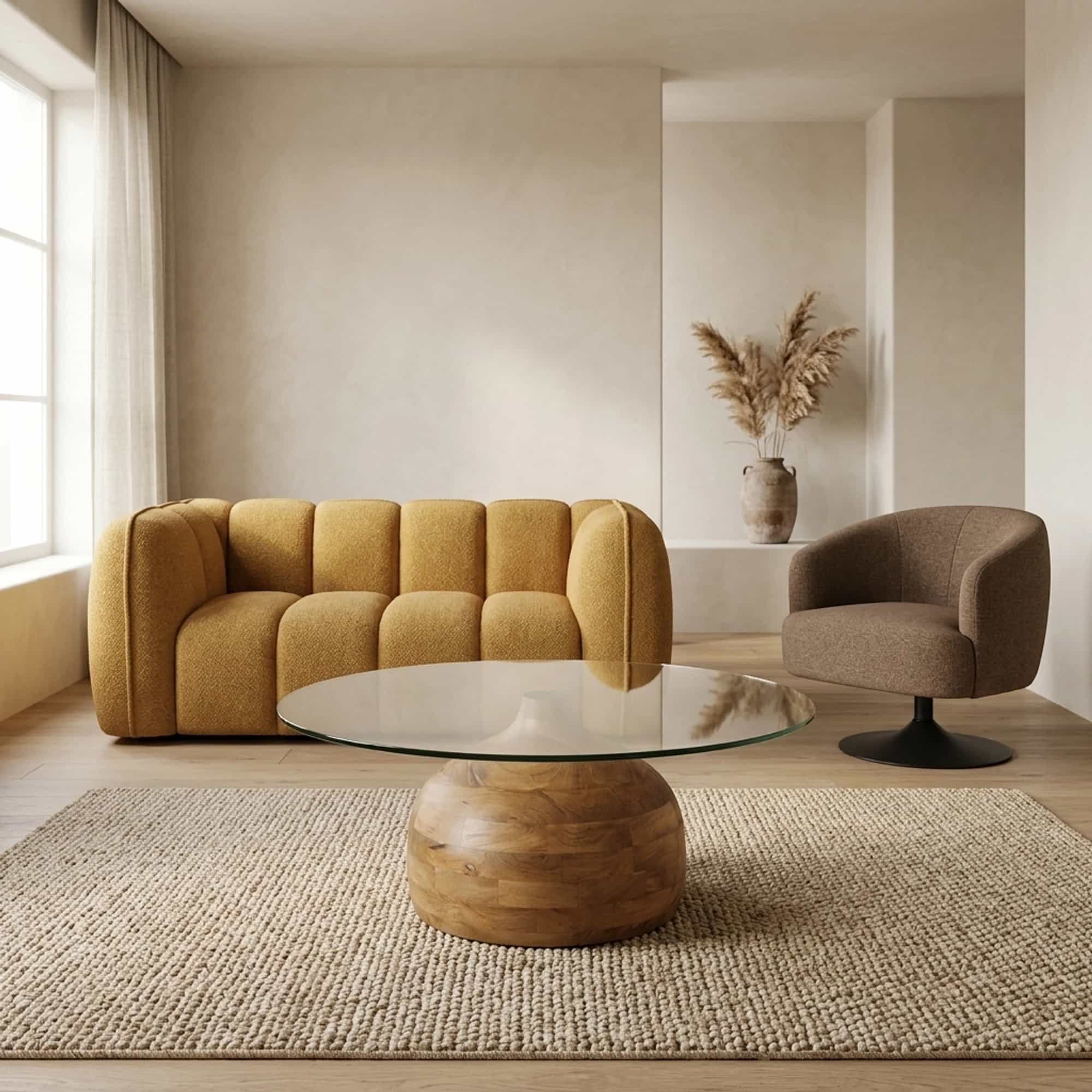 Stella salontafel Ø100, H35, Smooth Natural, Clear glass - My Sons