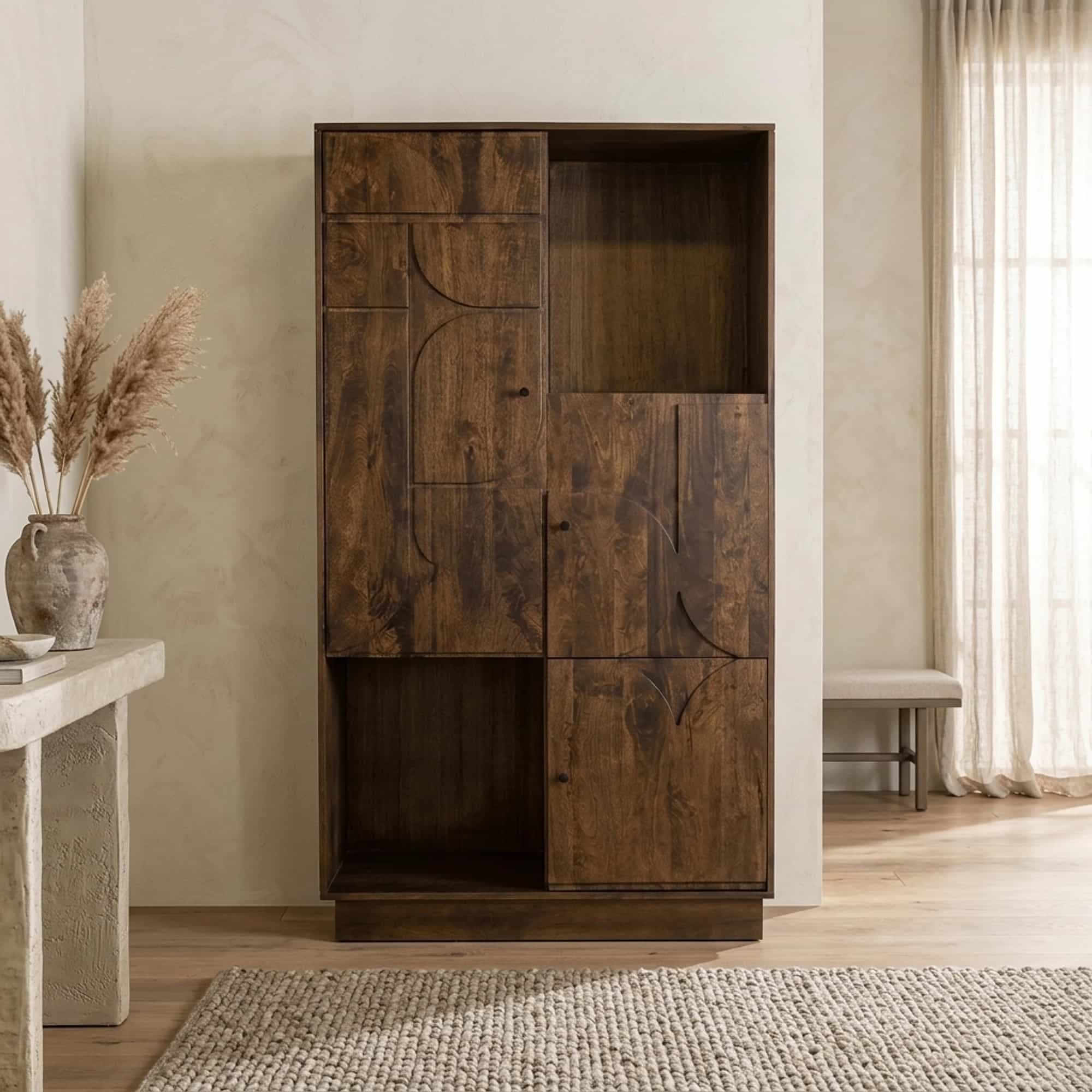 Wandkast 180 met 3 deuren en 2 open vakken, Mango Brown Walnut - My Sons