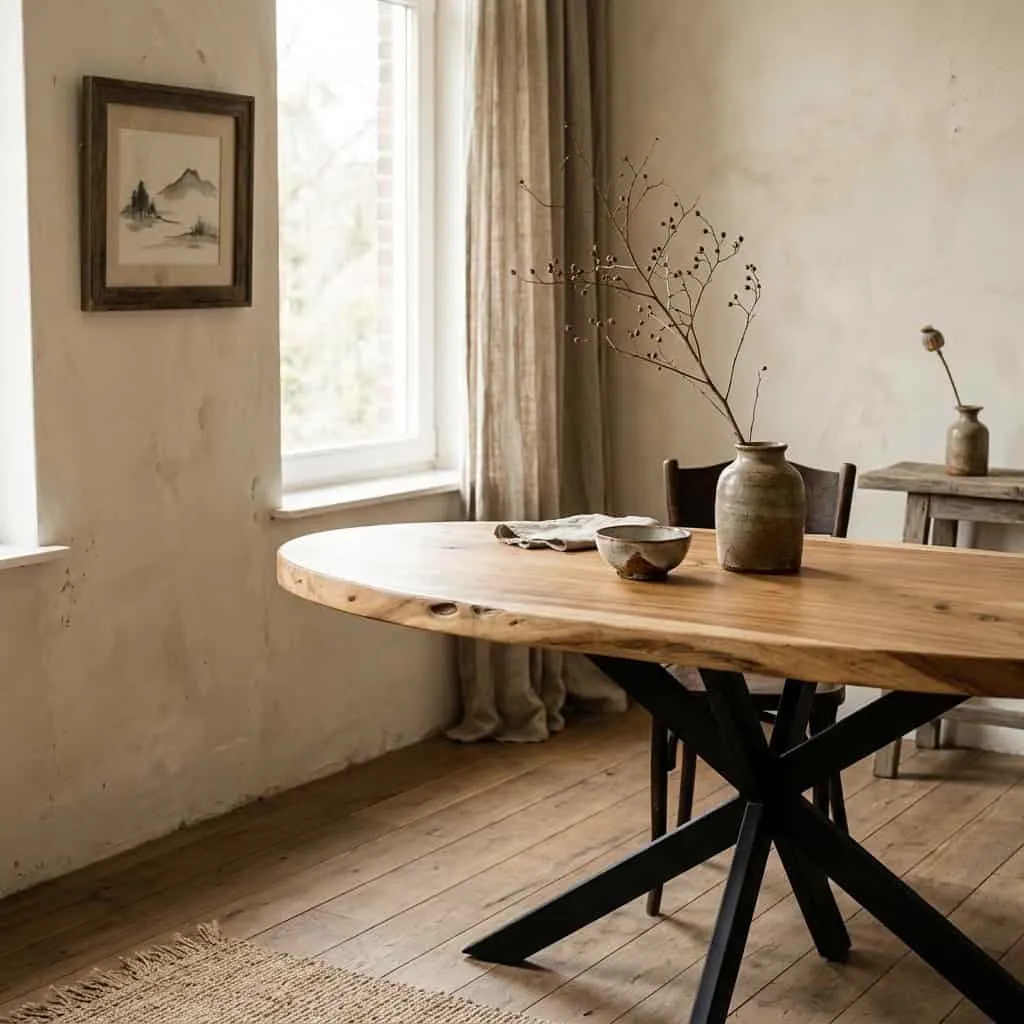 Rustieke houten eettafel in een gezellige, landelijke woonkamer met natuurlijke lichtinval en minimalistische decoratie