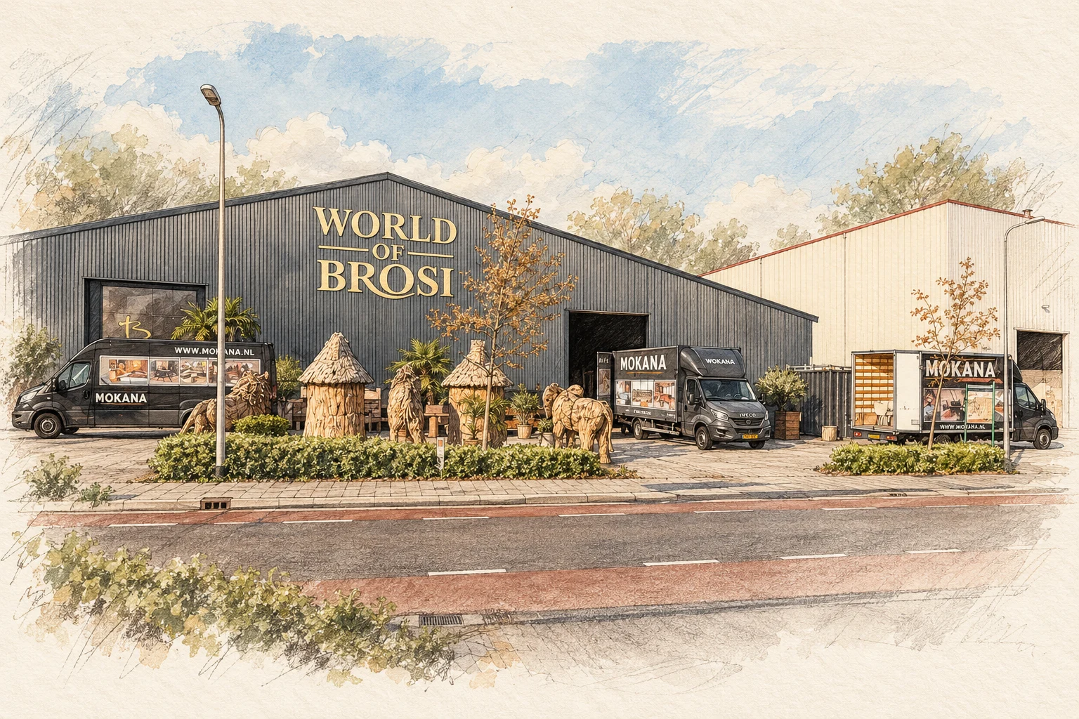 Illustratieve schets van het Brosi-depot in Oldenzaal met Mokana-bezorgwagens