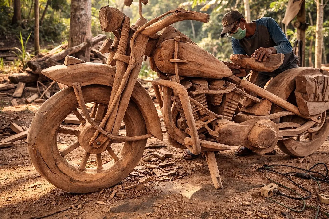 Houtsnijder van Brosi aan het werk in het Indonesische bos