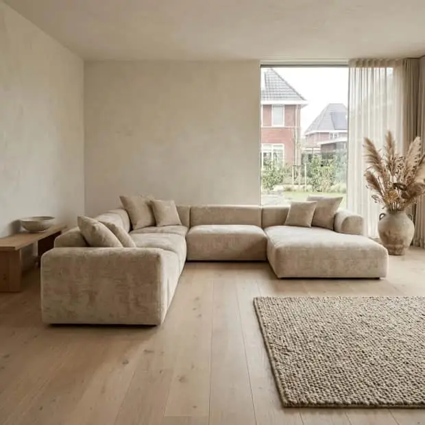 Lichtgrijze elementenbank Body van Primavera in een woonkamer