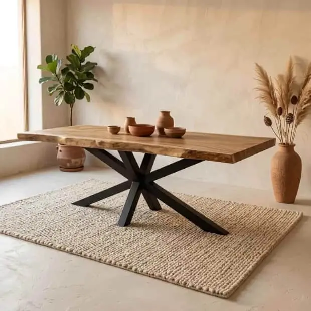 Suarhouten boomstamtafel met zwarte spinpoot in een landelijk interieur