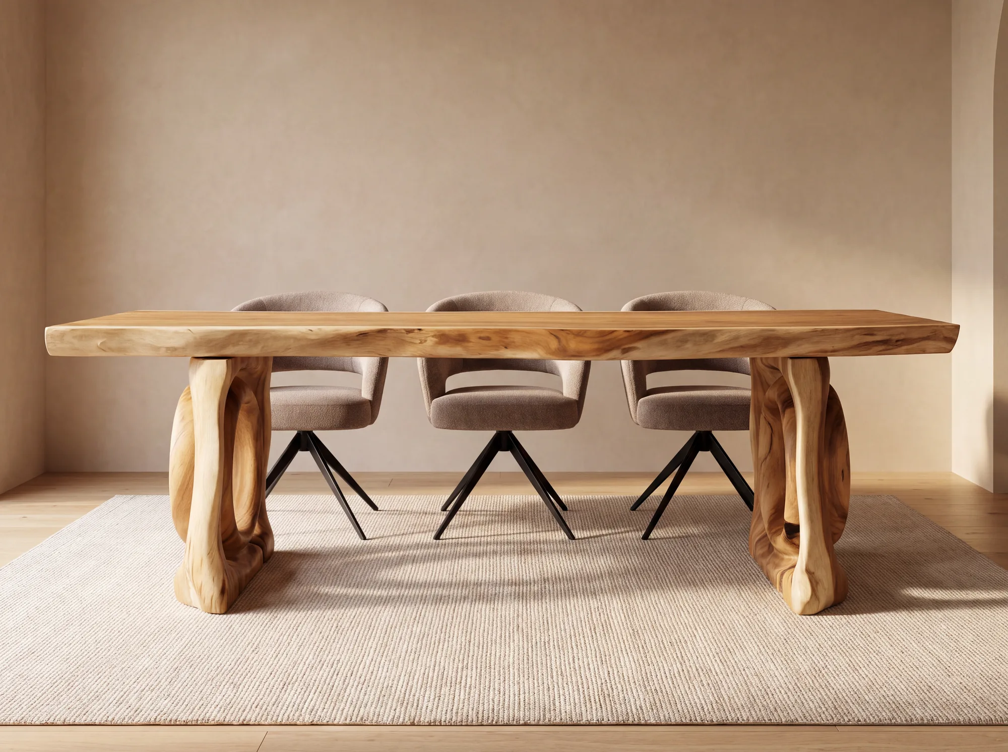 Massief suarhouten boomstamtafel van World of Brosi met gebeeldhouwde houten luspoot en Armstoel Manon van H&E Design