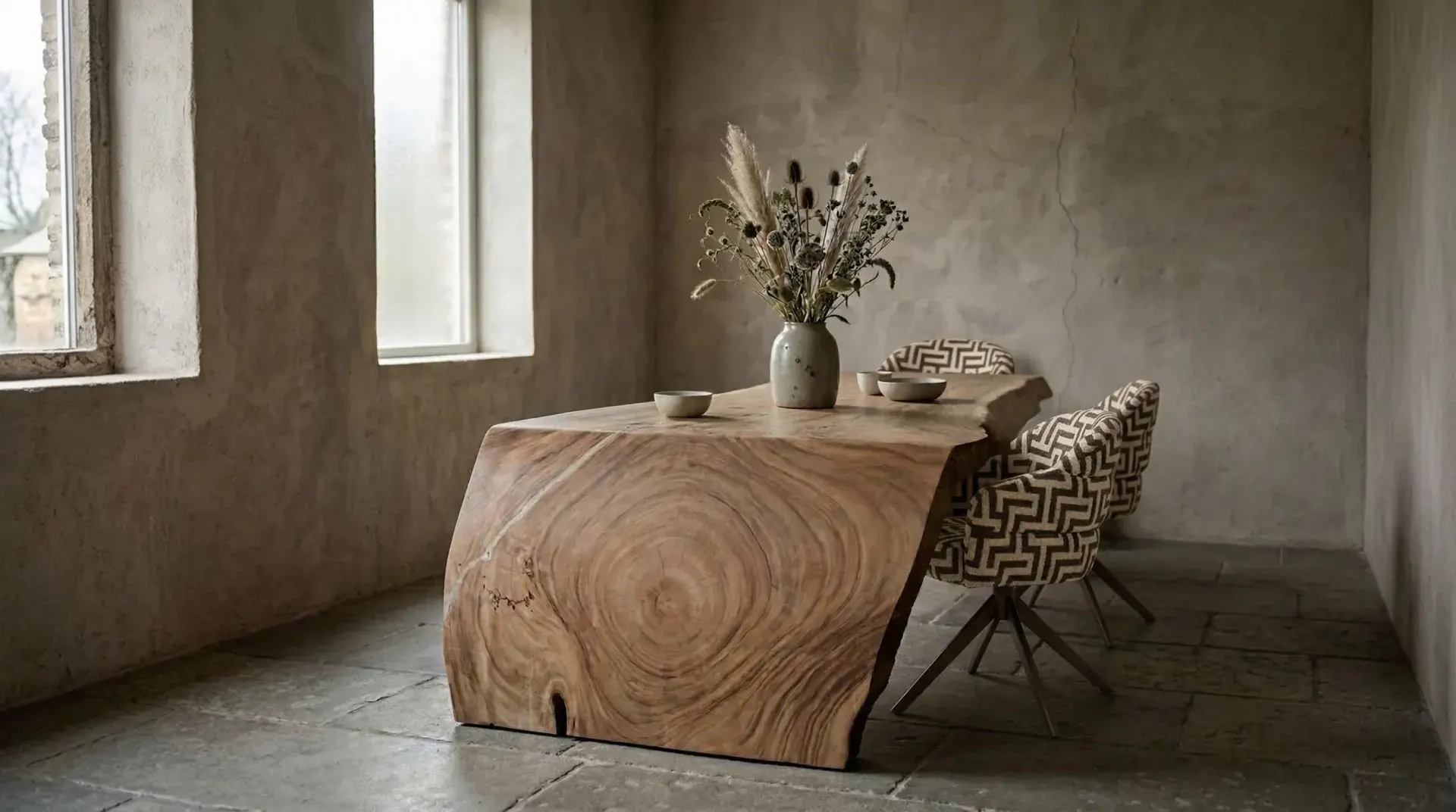 Massief suarhouten waterval boomstamtafel van 440 cm in een wabi-sabi eetkamer met gepleisterde wand en natuurstenen vloer