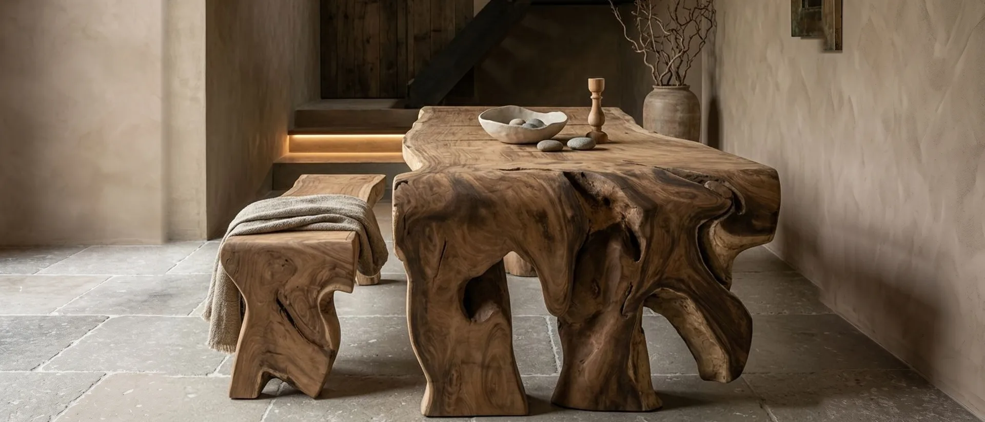Massief suarhouten eettafel met organische poten en bijpassende bank in een wabi-sabi interieur met natuurstenen vloer