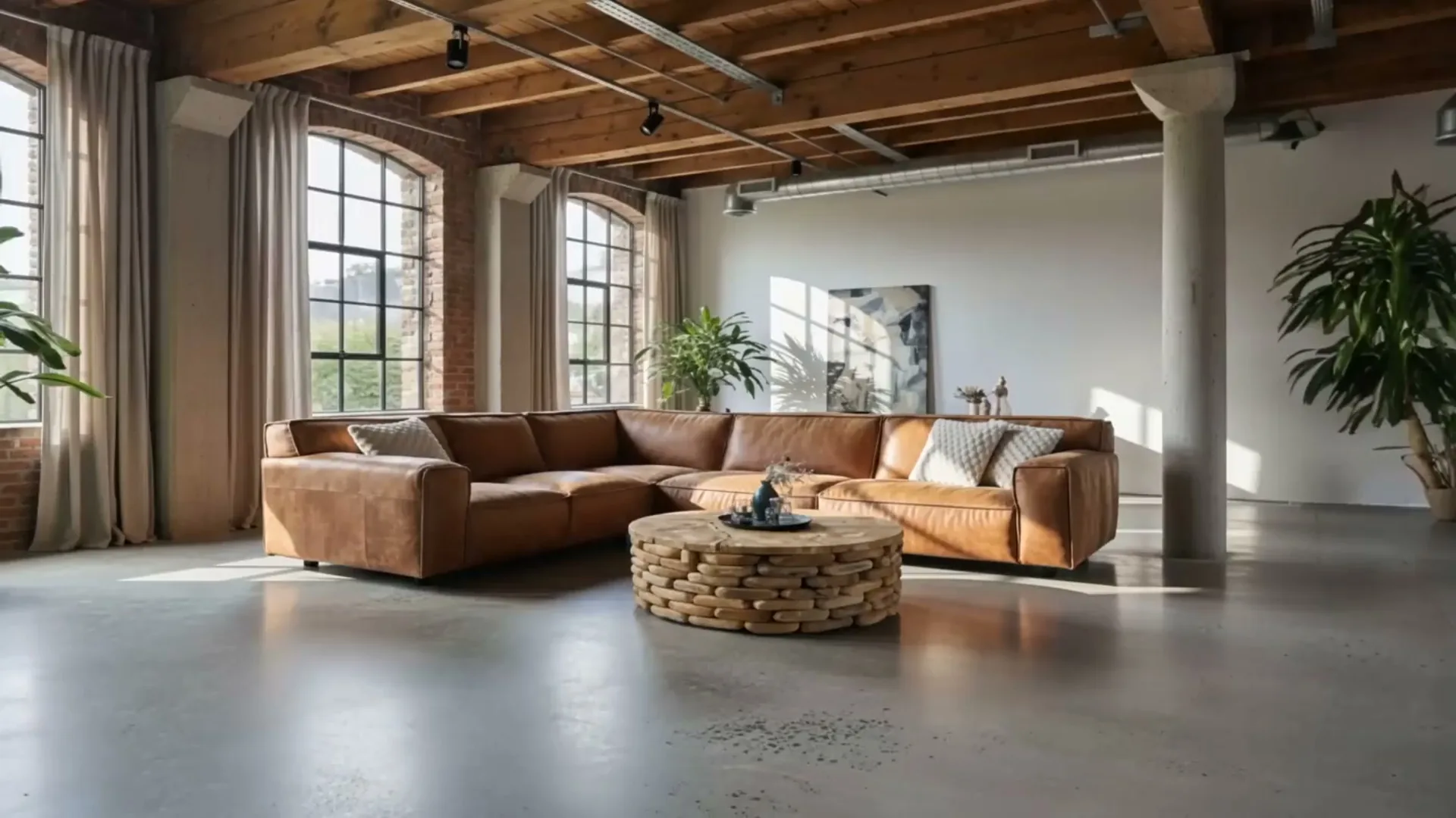 Cognac leren hoekbank Weaver met ronde massief houten salontafel in een loft met stalen raampartijen