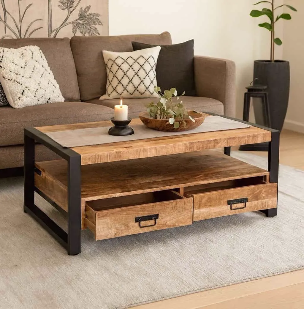 Hoogwaardige houten salontafel met zwart metalen frame, rustieke uitstraling en opbergruimte, modern industrieel design voor de woonkamer, Mokana Meubelen.