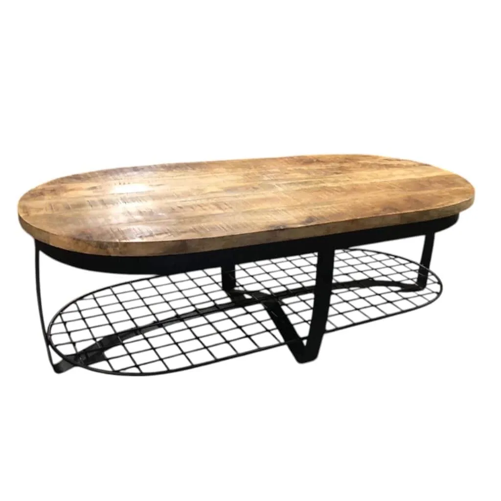 Houten salontafel met zwart metalen onderstel, industrieel design met natuurlijke afwerking, een stijlvolle toevoeging aan de woonkamer.