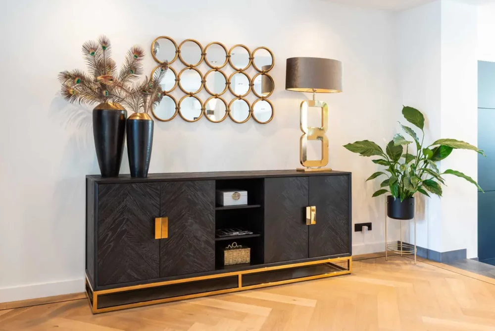 Dressoir Blackbone gold 4-deuren + open vak (Black rustic)